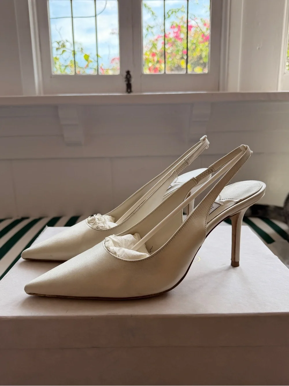 Jimmy Choo Cream Satin Pointed-Toe Slingback Pumps